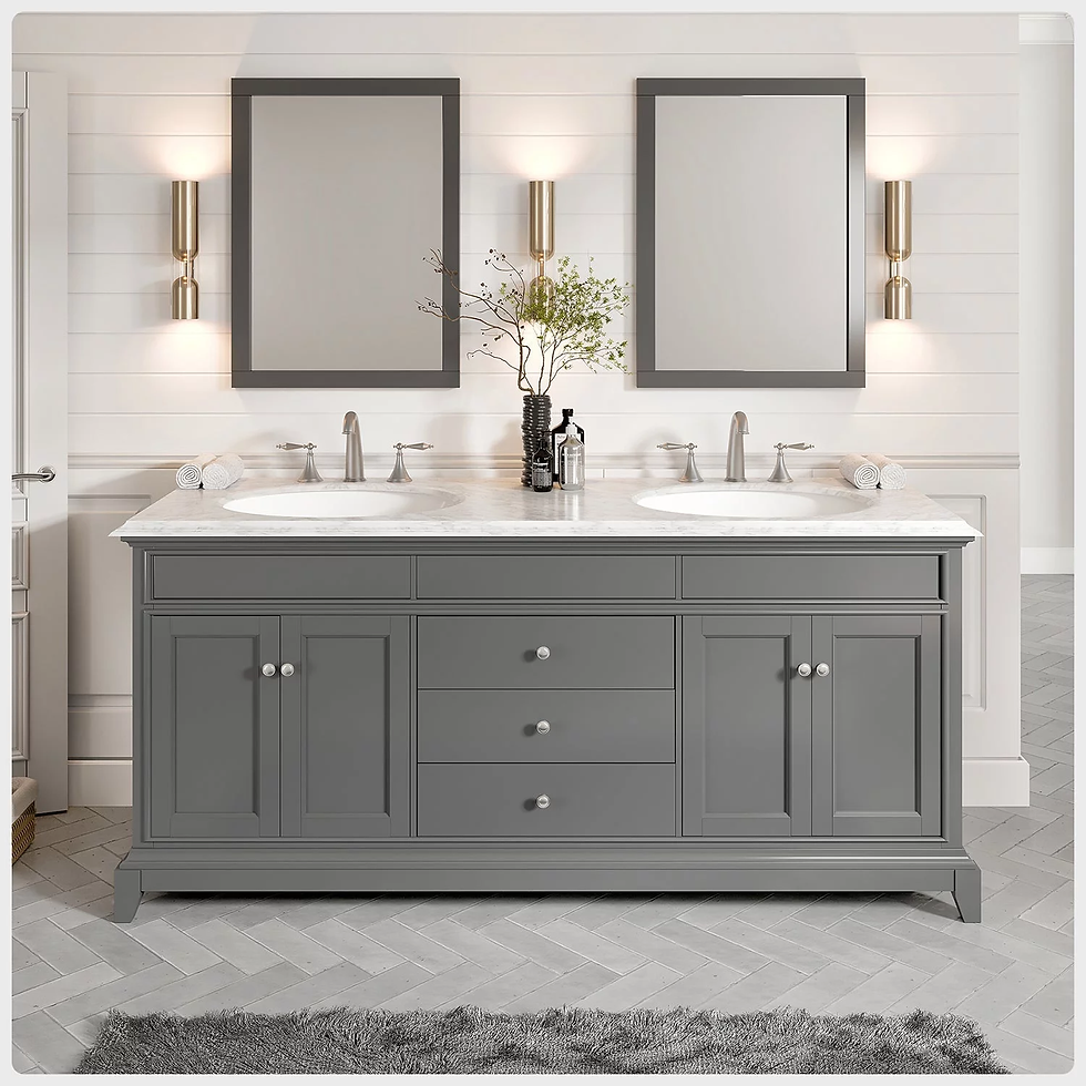 Gray Vanity with White Countertop; Gray and White Bathroom Design