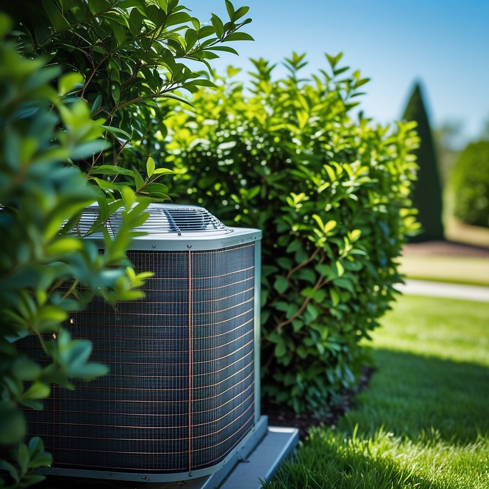 Air conditioning unit surrounded by lush green bushes under a bright blue sky. The scene is calm and well-maintained.