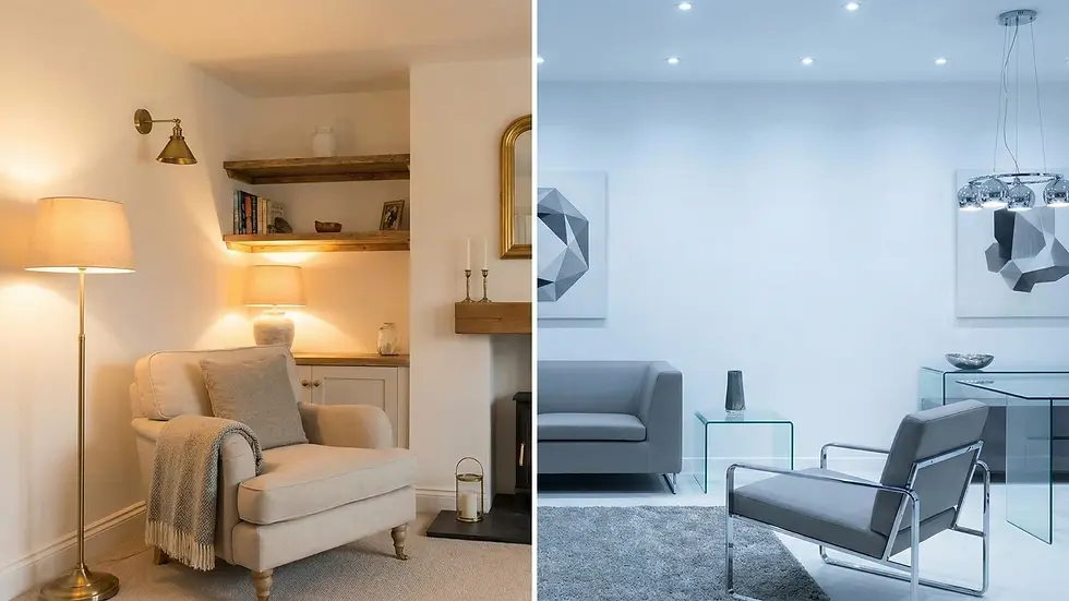 Cozy room with beige chair, lamp, and shelves vs. modern room with gray chairs, glass tables, abstract art, and bright lighting.