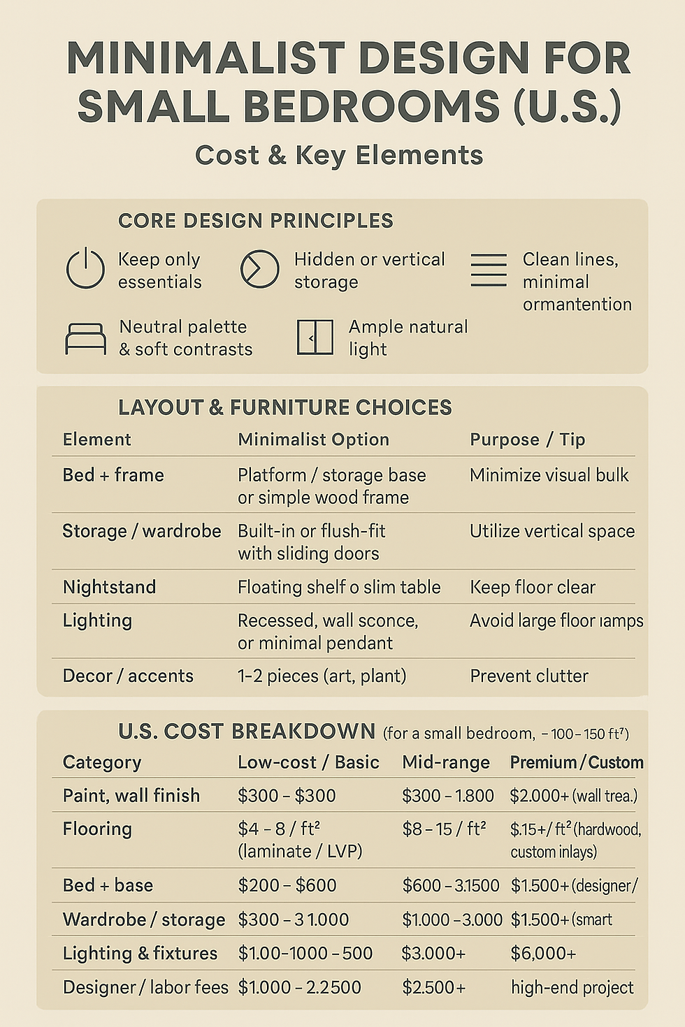 Infographic on minimalist bedroom design, featuring principles, furniture tips, and a U.S. cost breakdown for low to high-end options.