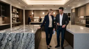 A man and woman discuss in a modern showroom with elegant marble countertops. Warm lighting and shelves with decor in the background.