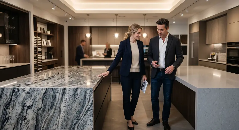 A man and woman discuss in a modern showroom with elegant marble countertops. Warm lighting and shelves with decor in the background.