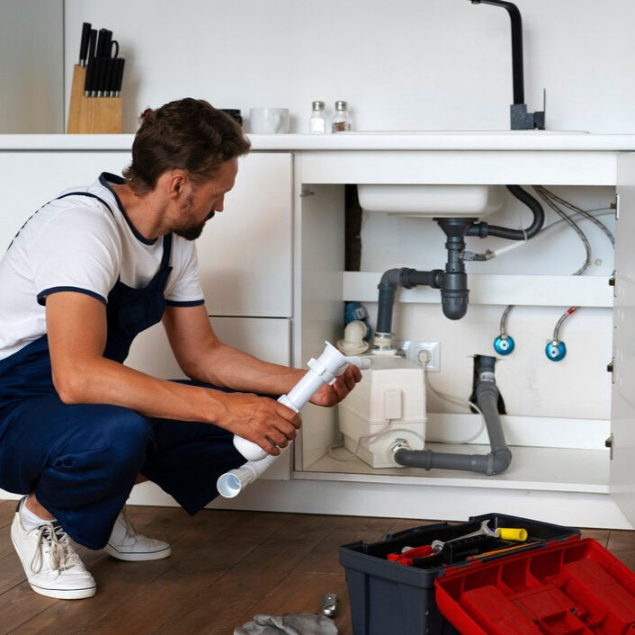 Plumber in blue uniform kneels by open kitchen cabinet, holding white pipe. Tool box on floor, sink plumbing visible. Focused mood.