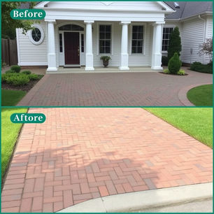 Split image showing a house's entrance. Top: worn, dull brick driveway. Bottom: fresh, clean brick driveway with vibrant grass.