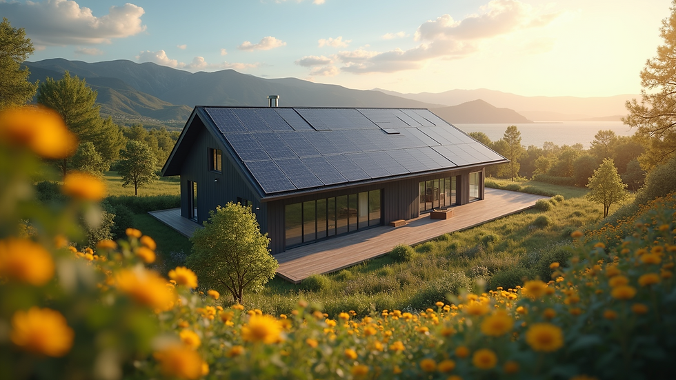 High angle view of a sustainable home with solar panels