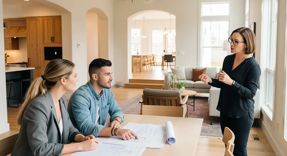 A woman in black presents to a seated couple reviewing blueprints in a bright, modern living room with wooden decor, conveying a professional mood.