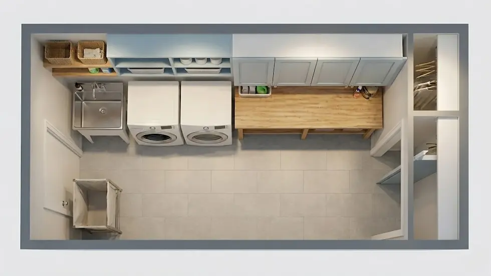 Top view of a laundry room with washer, dryer, sink, wooden countertop, cabinets, and baskets. Neutral tones create a tidy and organized space.