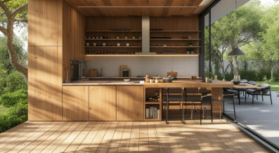Modern kitchen with wooden cabinets, open shelves, and island with stools. Glass doors reveal a lush garden outside, creating a serene mood.