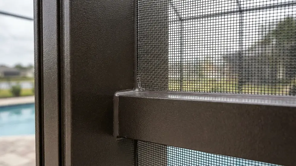 Close-up of a dark mesh screen with a metal frame, next to a pool. Blurred green landscape and buildings are visible in the background.