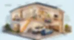 Cross-section of a modern home with labeled rooms: bedroom, bathroom, kitchen, living room, and garage with two cars, bike, and workbench.