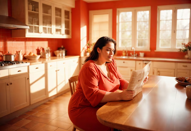 Woman in a red dress reads a newspaper at a wooden table in a sunlit kitchen. Warm tones, with beige cabinets and orange walls.