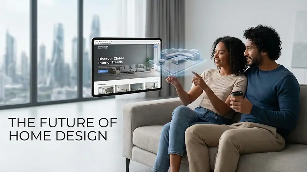 Couple on sofa, smiling and exploring virtual home design on a floating screen. Text: "The Future of Home Design." Modern interior backdrop.