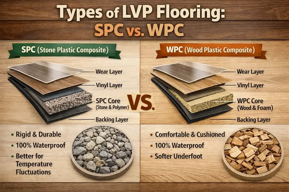 Comparison of SPC vs. WPC flooring. SPC: Rigid, waterproof layers with stone-polymer core. WPC: Cushioned, wood-foam core. Wood background.