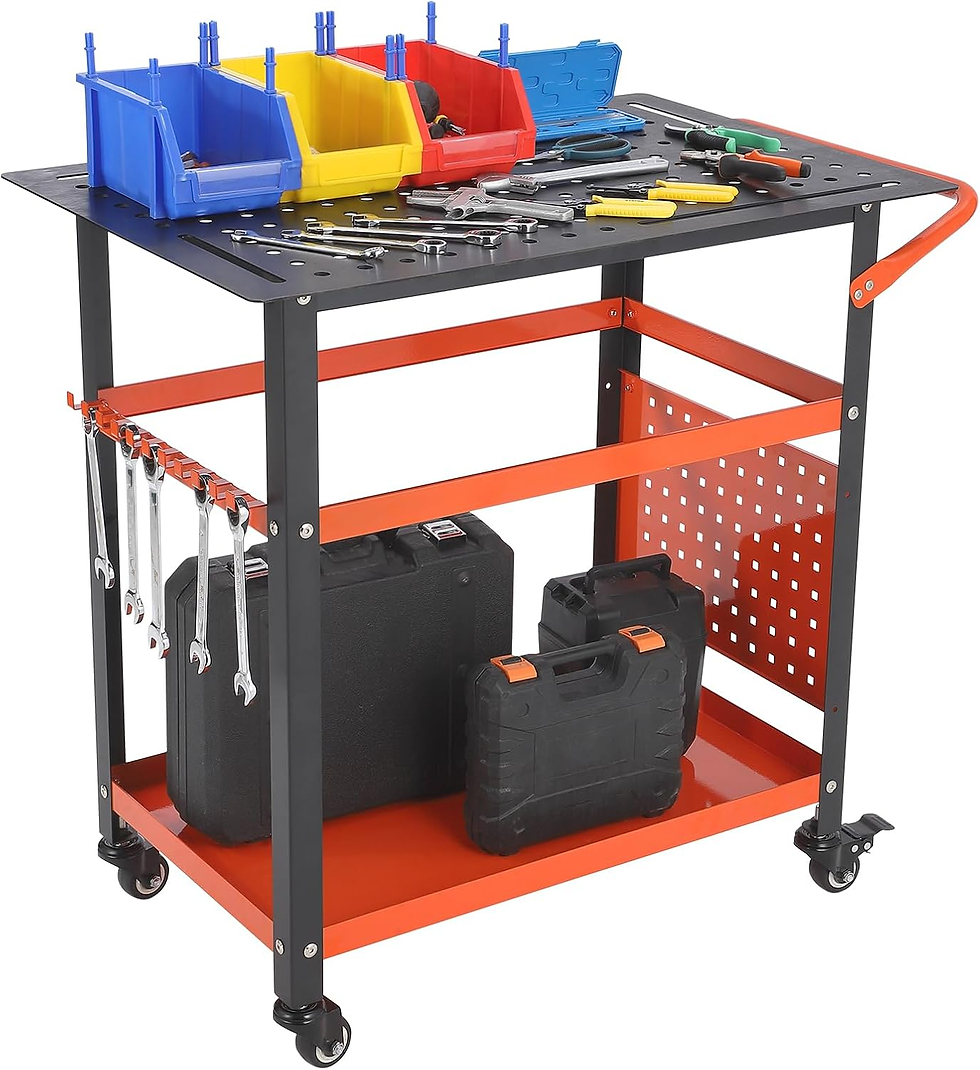 Tool cart with colorful bins and various tools on top. Wrenches hang on side. Black cases below. Orange and black design, wheels attached.