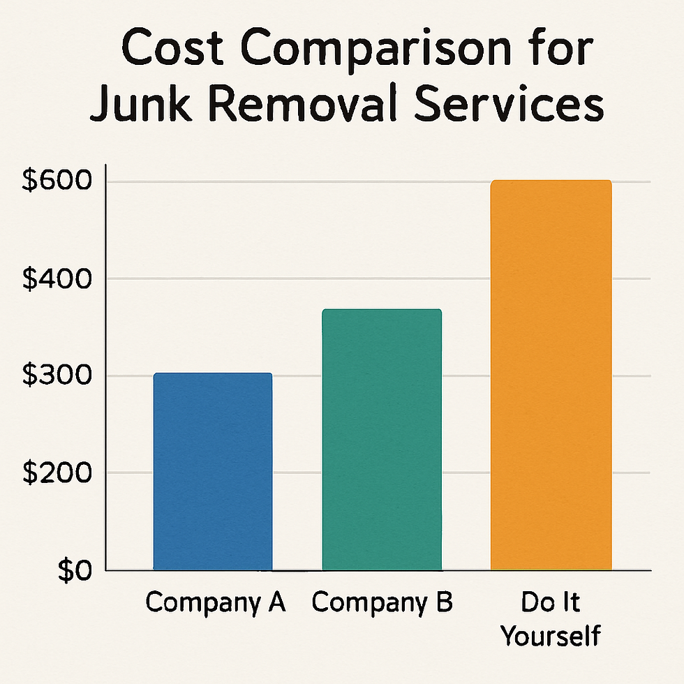 Bar chart comparing junk removal costs: Company A (blue, $300), Company B (green, $400), DIY (orange, $600). Title at top.