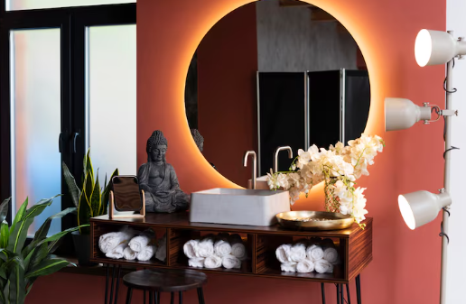 Modern bathroom with a circular mirror, Buddha statue, and orchid on a red wall. Rolled towels in open shelves add a spa-like feel.