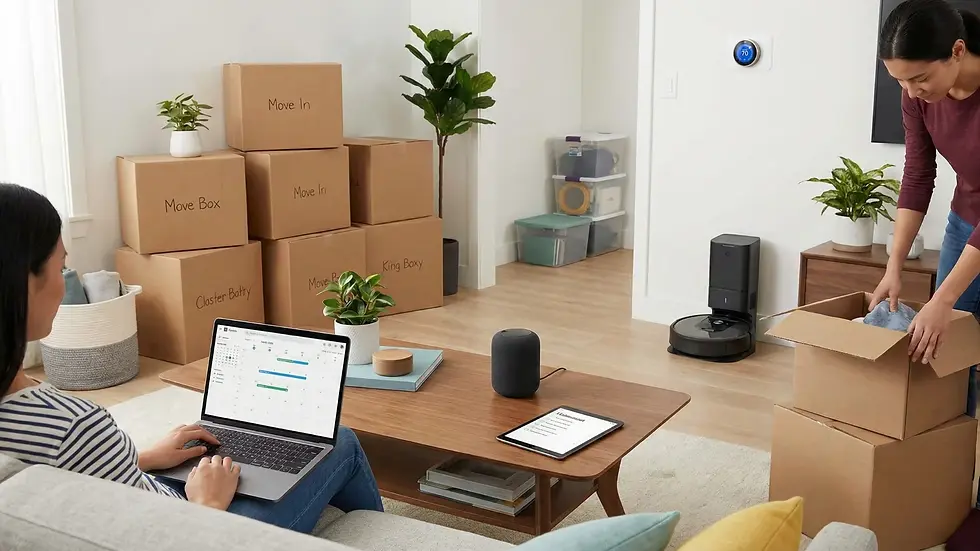 Two women in a living room; one on a laptop with a calendar, another packing boxes. Pile of labeled boxes, plants, tablet on table, cozy setting.