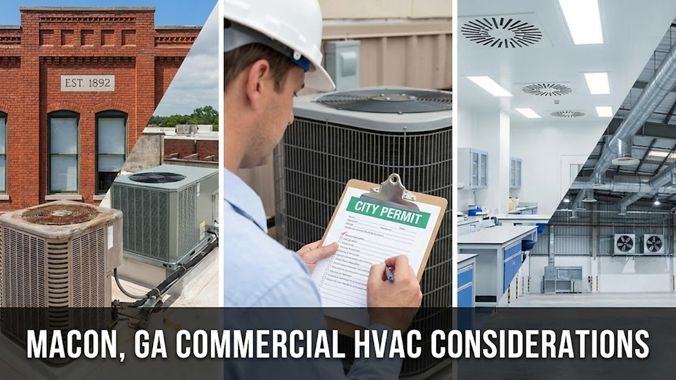 Collage featuring a red brick building, HVAC units, a person with a city permit clipboard, and an industrial interior. Text: "Macon, GA Commercial HVAC Considerations".