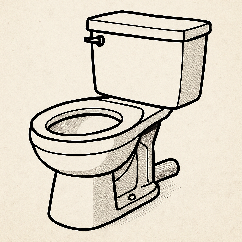 Sketch of a toilet with a closed tank and open seat. Simple lines on a beige background, conveying a clean and minimal design.