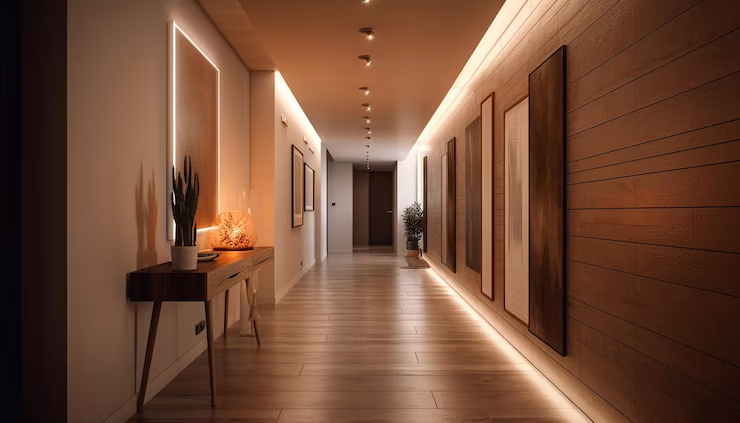 Modern hallway with warm lighting, wooden walls, abstract art, and a potted plant. A table holds a lamp and cactus, creating a cozy mood.