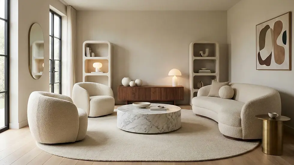 Minimalist living room with cream sofas, a round marble coffee table, shelves, and abstract art. Warm lighting and large windows.