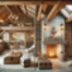 A cozy modern farmhouse interior showcasing additional elements, including a rustic stone fireplace with a thick wood beam mantel decorated with candles and lanterns, a quaint cellar area with wine racks and a small tasting table, and a cozy attic nook with exposed wooden beams, skylights, and storage trunks. The design features warm lighting, vintage decor items, and natural textures, creating a rustic, inviting ambiance.