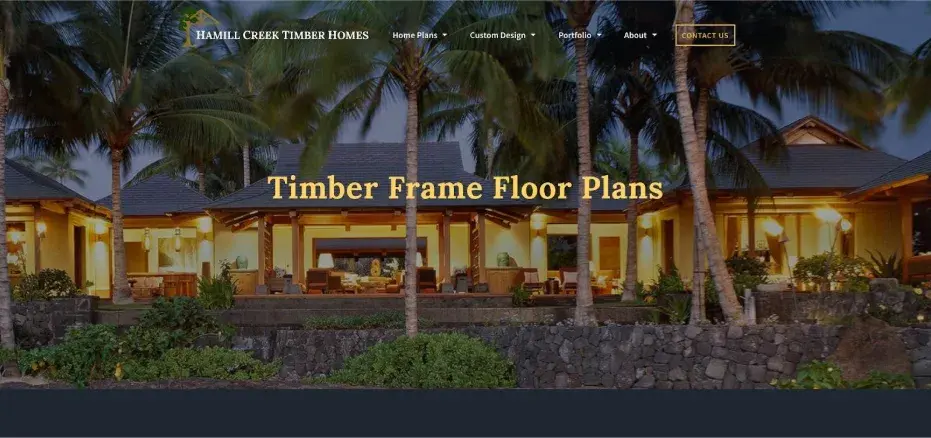 Tropical house with warm lighting, surrounded by palm trees. Text: Hamill Creek Timber Homes, Timber Frame Floor Plans.