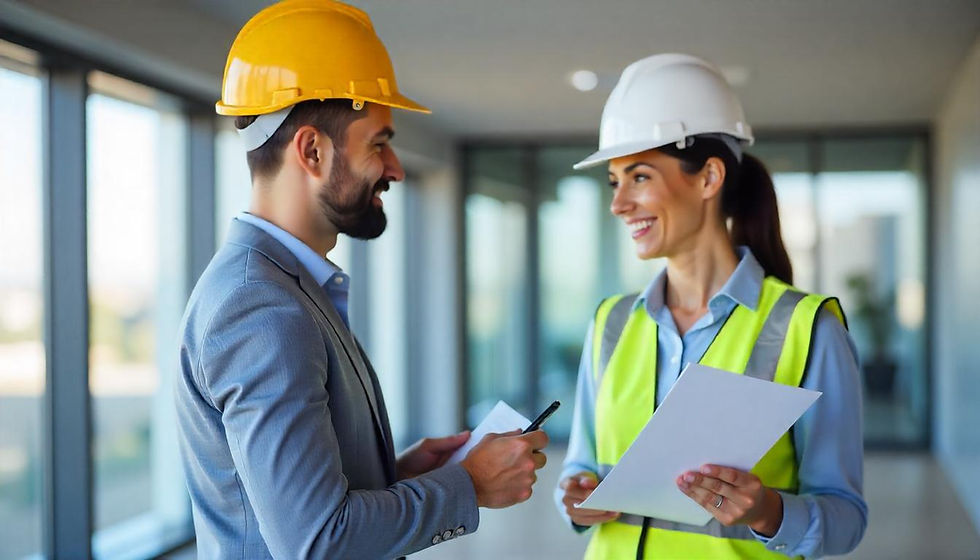 Two people in hard hats and safety vests discuss documents, smiling, in a bright hallway. One holds a pen, the other a paper.