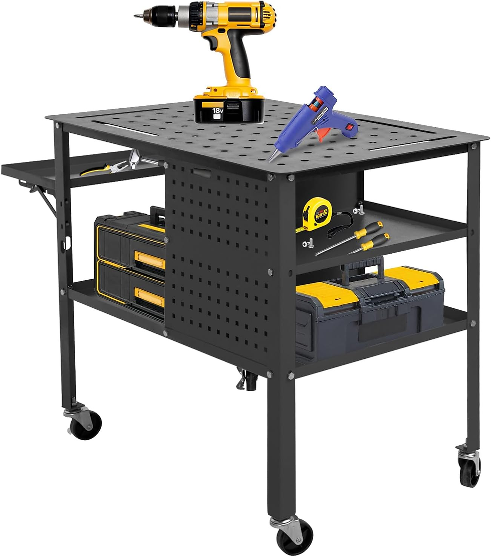 Black workbench with yellow drill and blue glue gun on top. Tools like a tape measure and screwdrivers on shelves. Wheels attached.