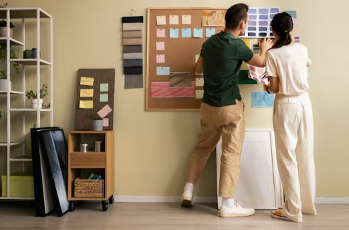 Two people organize colorful swatches on a bulletin board in a creative workspace. Shelves and sticky notes fill the background.