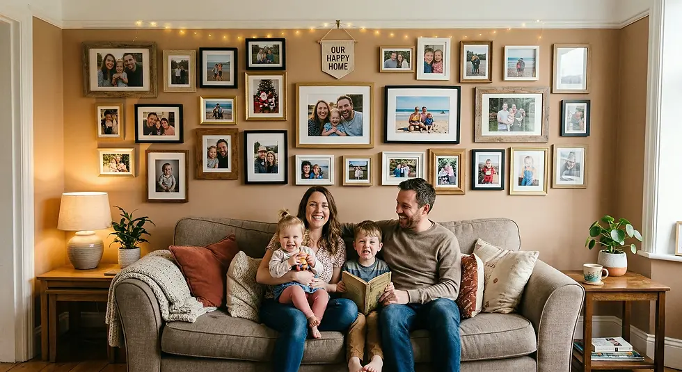 Family of four smiles on a couch beneath a wall of framed photos. Warm lighting, cozy decor, "Our Happy Home" sign above.