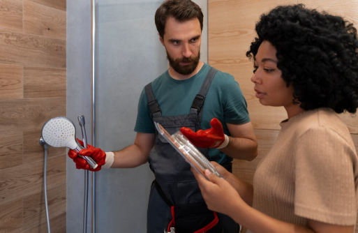Man with gloves and tools discusses shower fixture with woman in a wooden-paneled bathroom. Both appear focused and engaged.