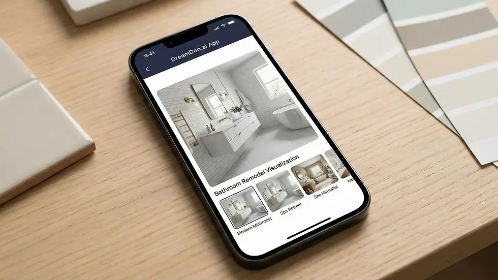 Smartphone displaying a bathroom remodel app on a wooden table with tile samples. The app shows bathroom design options in neutral tones.