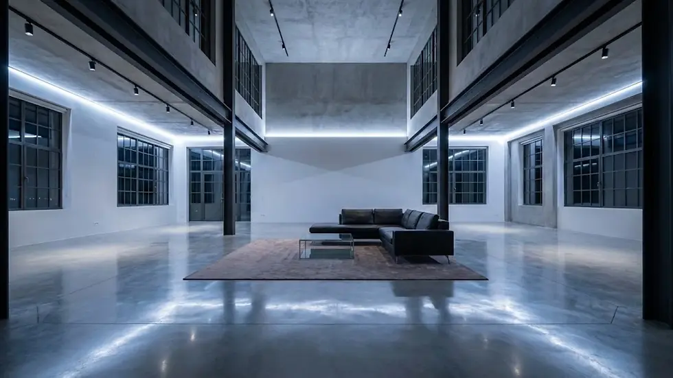Spacious modern interior with high ceilings and large windows. Features a black couch on a brown rug and glass table on shiny floor.