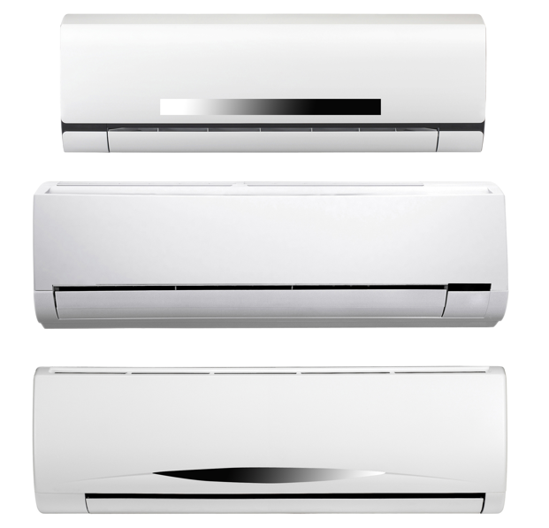 Three modern white air conditioners in a row on a plain background, each with a sleek, minimalist design.