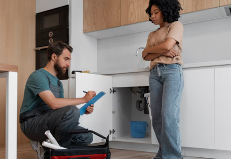 Man kneeling with clipboard, checking under sink in modern kitchen. Woman stands with arms crossed, observing. Blue bucket visible.