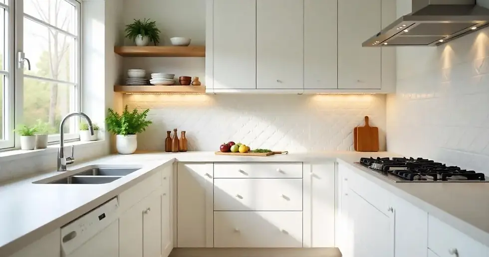 A well-lit kitchen showcasing white cabinets with a textured backsplash, wood shelves, and balanced color tones.