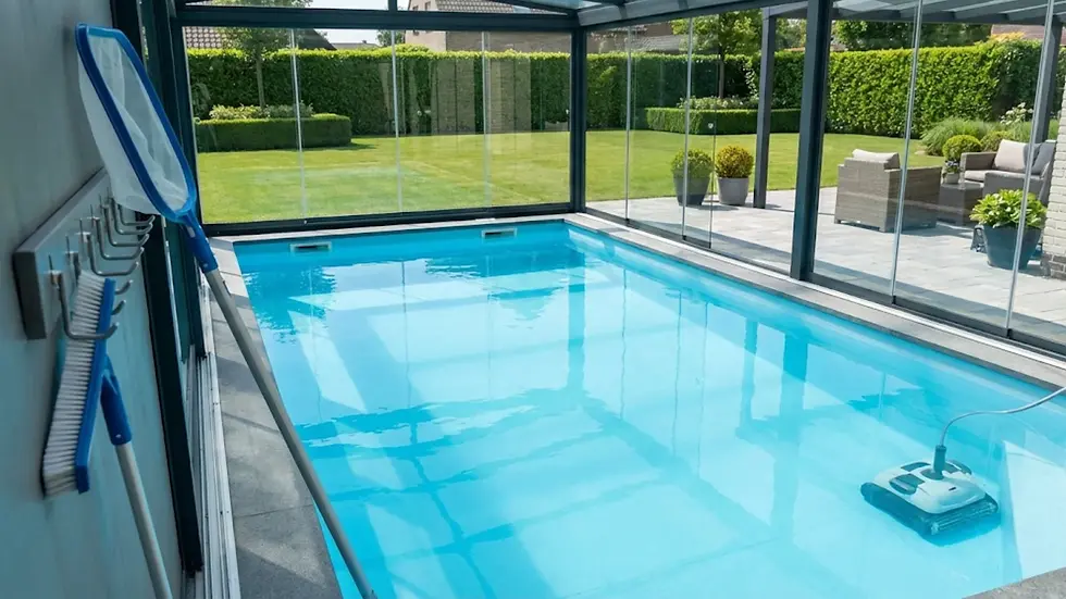 Indoor pool with a cleaning robot, blue pool net, and brush on the wall. Glass walls reveal a garden with green hedges and patio furniture.