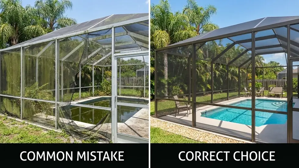Split image: Left shows a neglected pool with algae in a dirty enclosure. Right shows a clean pool in a well-maintained, screened area.