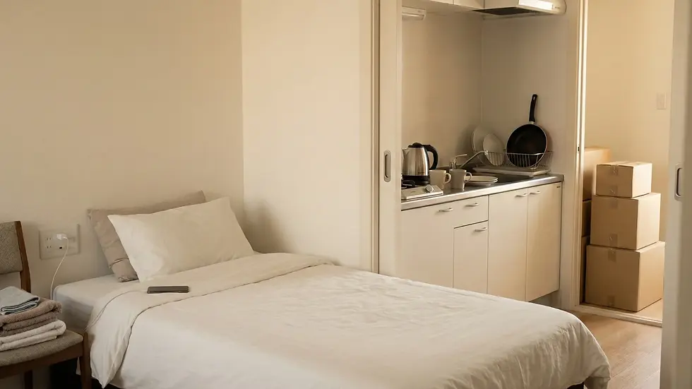 A tidy bedroom with a white bed, wooden chair, and folded towels. A small kitchen with dishes and boxes. Neutral tones, calm mood.