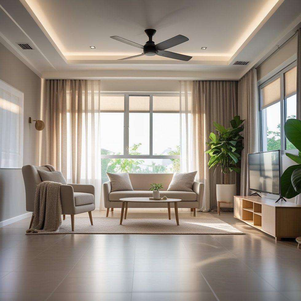 Modern living room with beige sofa, armchair, coffee table, and potted plants. Sunlit windows, TV stand, neutral decor, and ceiling fan.