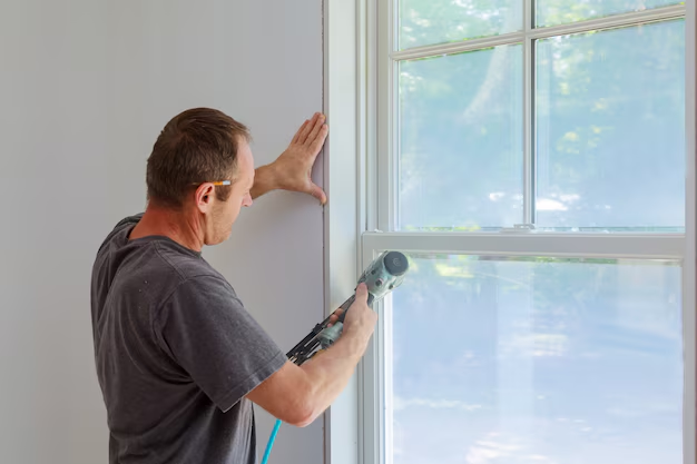Man installing drywall by window with a nail gun, sunlight streaming through glass. Wearing gray shirt and pencil behind ear. Calm focus.