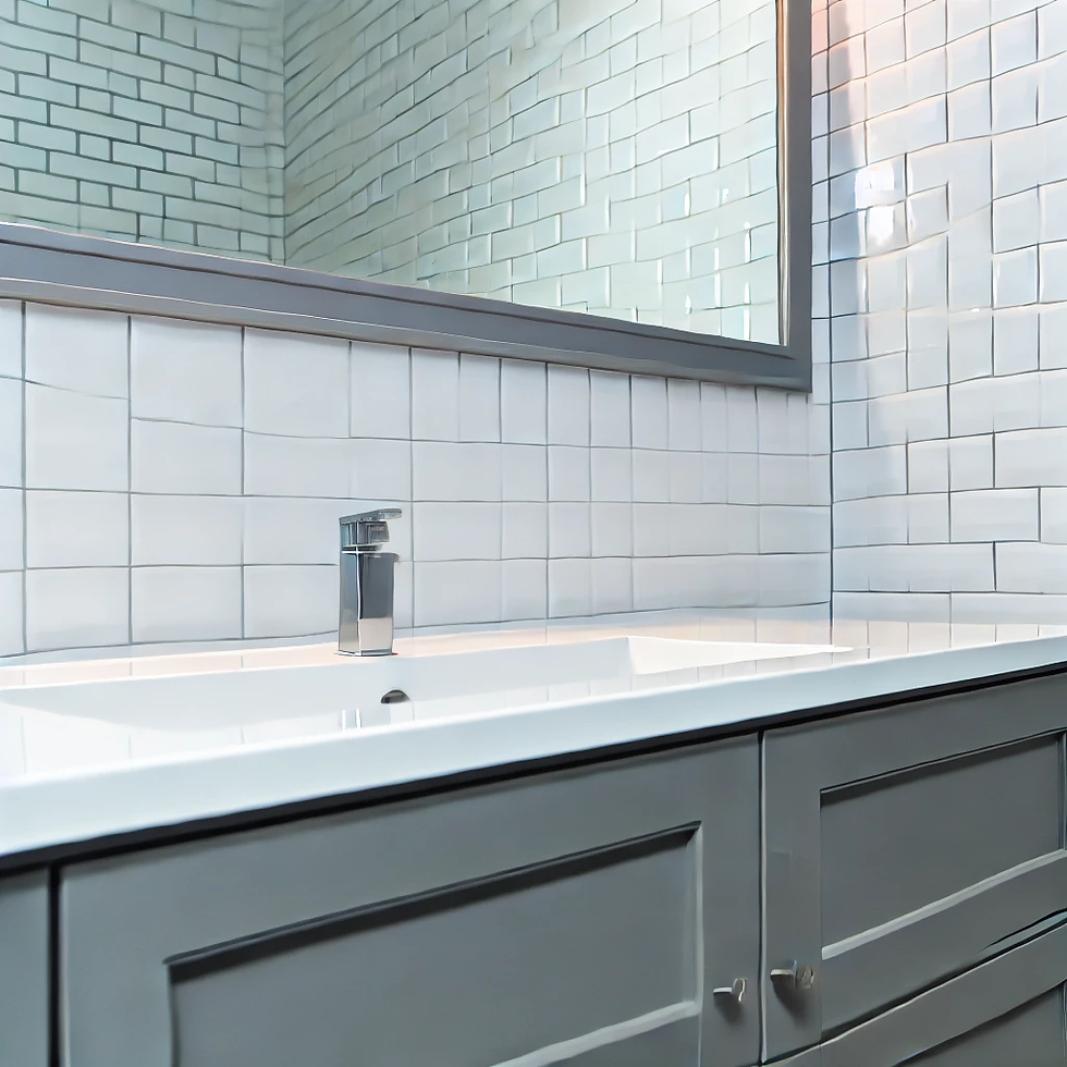 White Subway Tiles with Gray Vanity: Gray and White Bathroom Design