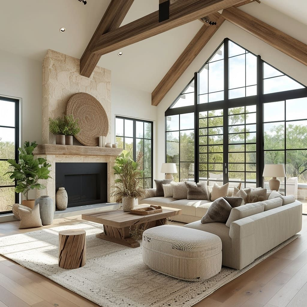 Spacious living room with beige sofas, wooden beams, and a stone fireplace. Large windows reveal lush greenery outside. Calm and inviting.
