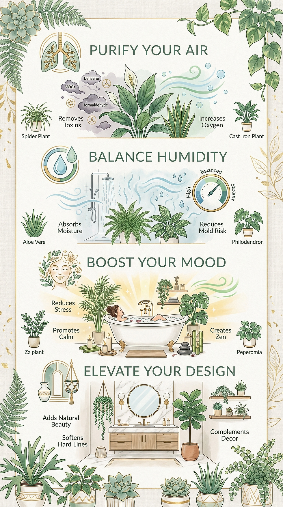 Illustration showing plants and their benefits: air purification, humidity balance, mood boost, and design enhancement, with artistic text and graphics.
