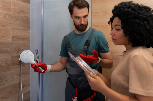 Man in overalls and red gloves holds a showerhead, discussing with a woman. They are in a bathroom with wooden walls, examining instructions.