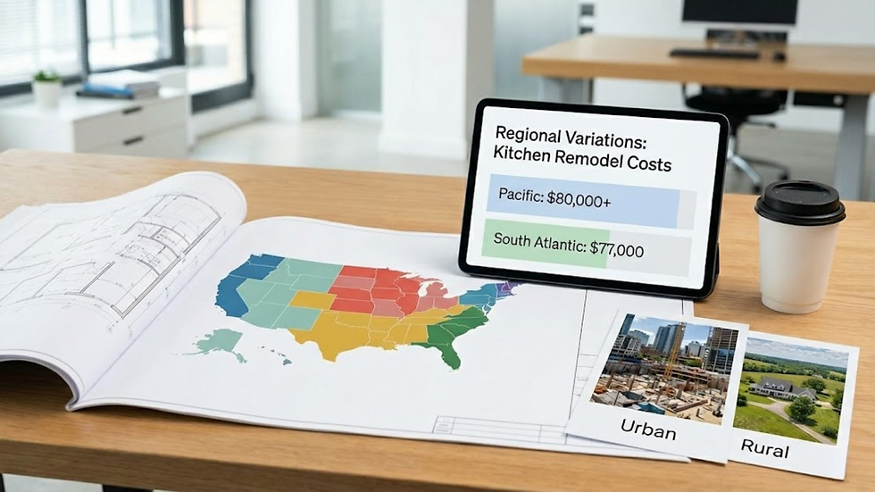 Tablet showing kitchen remodel costs by region on a desk with a U.S. map, floor plans, coffee cup, and urban/rural photos in an office.