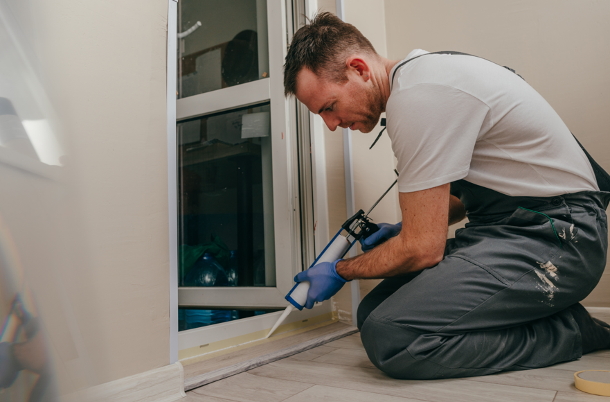 A man kneels on the floor applying sealant to a window frame using a caulking gun. He wears blue gloves and gray overalls in a home setting.