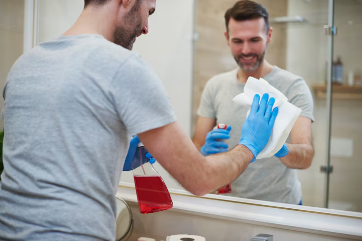 Man cleaning a bathroom mirror with red spray and white cloth, wearing blue gloves. Reflects in mirror. Neutral-colored background.