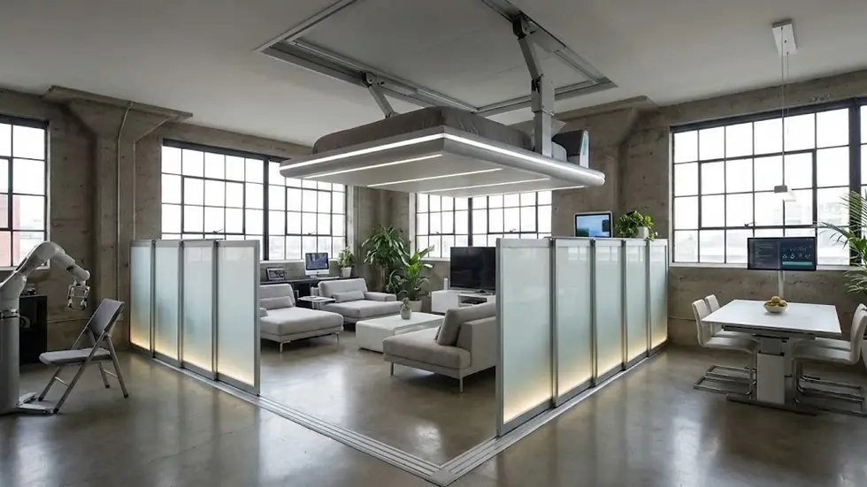 Modern loft with a retractable bed, grey sofas, and glass partitions. Large windows, plants, and a dining table create a bright atmosphere.